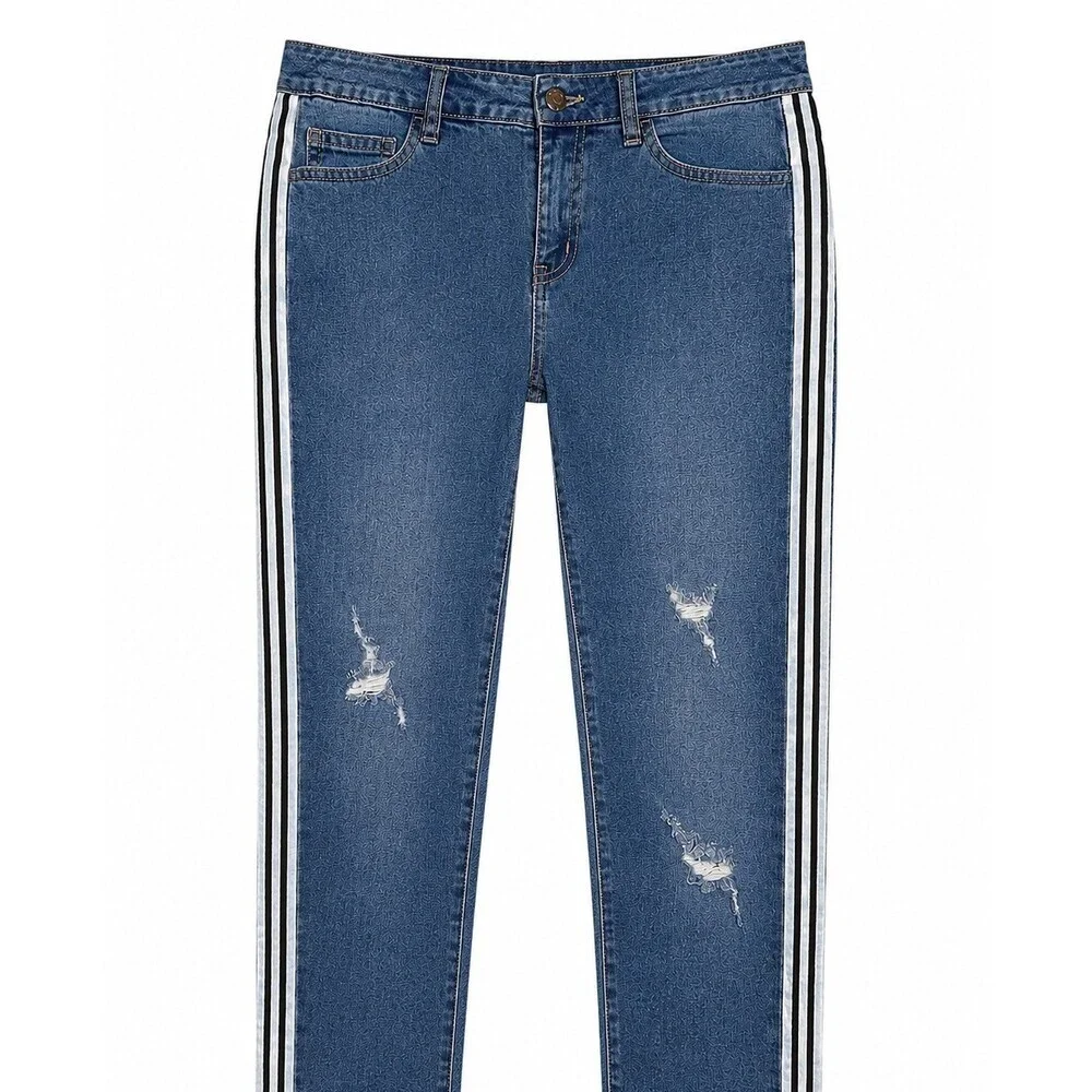 AZI New York Side Stripe Distressed Crop Jeans Size 2 Blue Denim Raw Hem